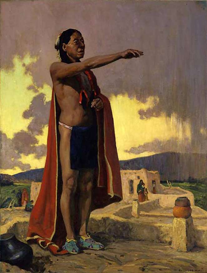 “The First American”, 1928, oil on fabric support, 46 x 35 inches, courtesy Harrison Eiteljorg, The Eiteljorg Museum of American Indians and Western Art, Indianapolis, Indiana.