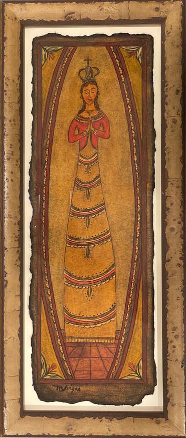 Mike Vargas | Our Lady of Immaculate Conception | oil on handmade paper | 19 x 6 1/4 | 100% donation by artist | Starting Bid $400, Buy it Now Price $900