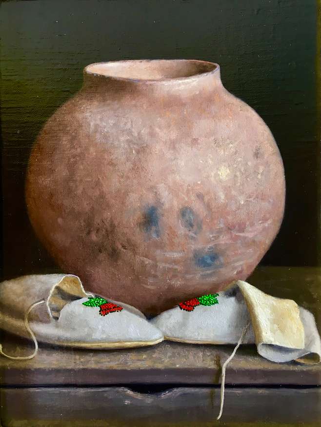 No. 2 | William Acheff | Storage Jar and Summer Mocs, 2018 | 8x6 | oil | donated by the artist | est. $5500