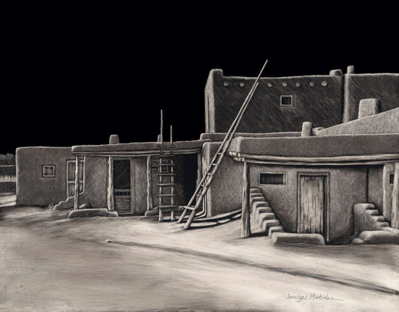 Jocelyn Martinez | Antelope House | black scratchboard | 11 x 14 | 100% donation by artist | Potter’s home on the north side of Taos Pueblo | Starting Bid $3000, Buy it Now Price $4000