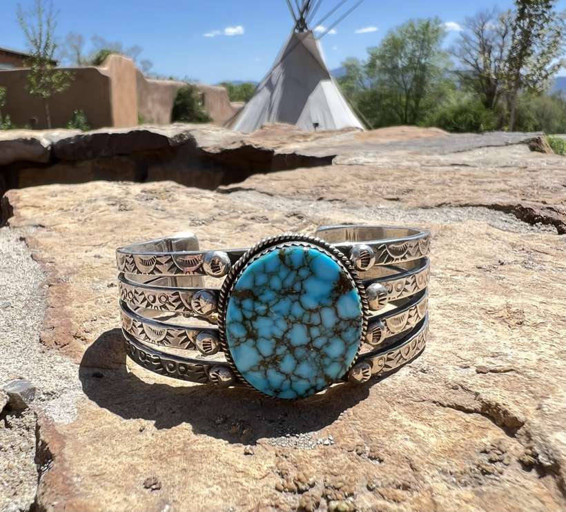 Sonny Spruce | Silver and Kingman Spider Web Turquoise Cuff Bracelet | Approximate wrist size: 6 in.