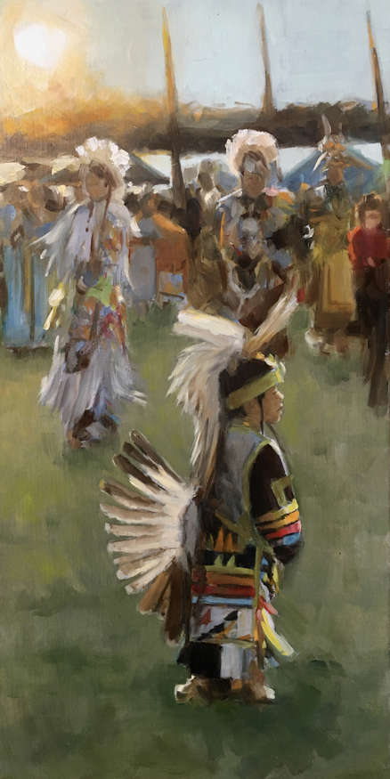 Elizabeth Jose | Little Powwow Dancer | oil on canvas panel | 12 x 24 | Scene at the Taos Powwow | Starting Bid $1500, Buy it Now Price $2400